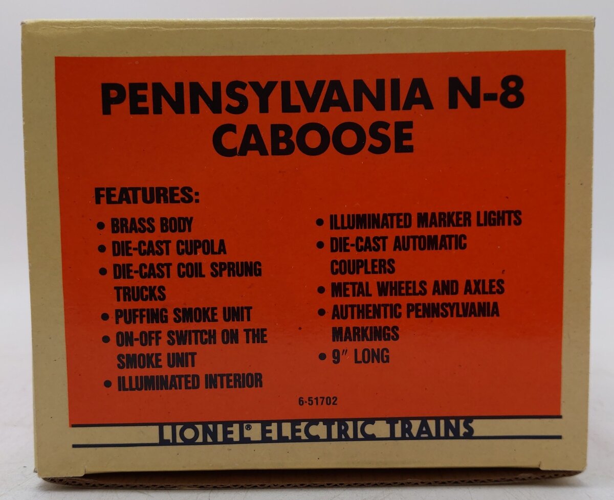 Lionel 6-51702 O Gauge BRASS Pennsylvania N-8 Smoking Caboose #478039 EX/Box