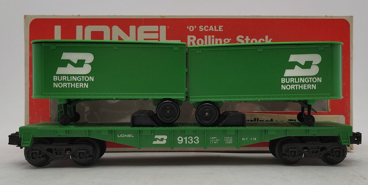 Lionel 6-9133 O Gauge Burlington Northern Flatcar #9133 with Trailers EX/Box