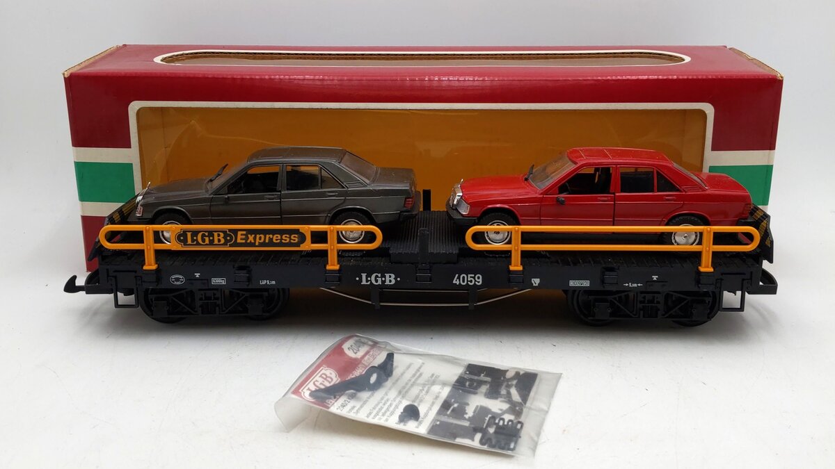 LGB 4059 G Scale Flatcar w/ 2 Mercedes Automobiles EX/Box