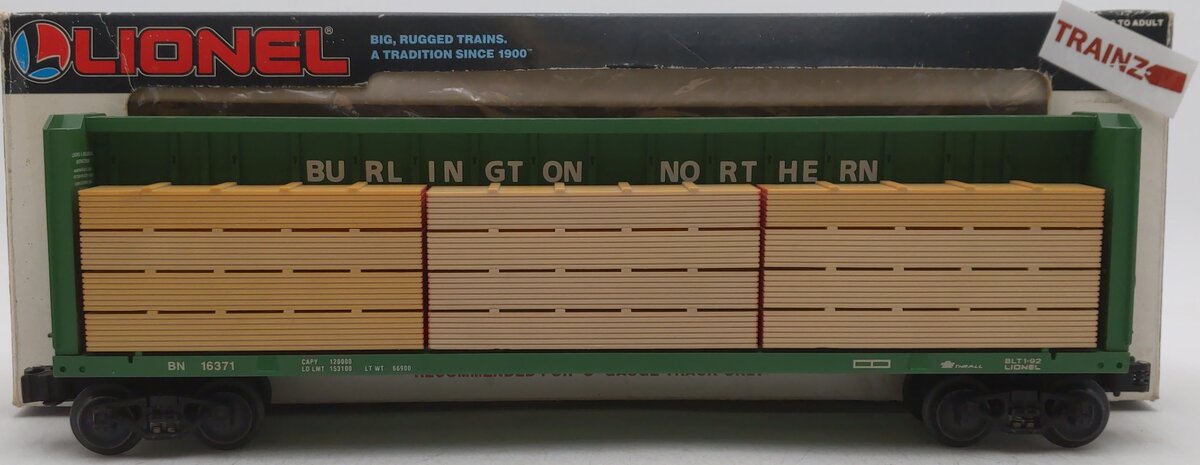Lionel 6-16371 O Gauge Burlington Northern I-Beam Flat Car #16371 w/Wood Load EX/Box