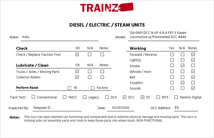 Kato 126-0401-DCC N UP 4-8-4 FEF-3 Steam Locomotive w/Preinstalled DCC #844 VG/Box