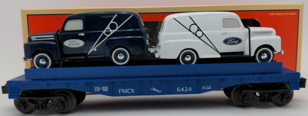 Lionel 6-16985 O Gauge Eastwood Automobilia Flatcar w/ Ford Panel Trucks #6424 EX/Box