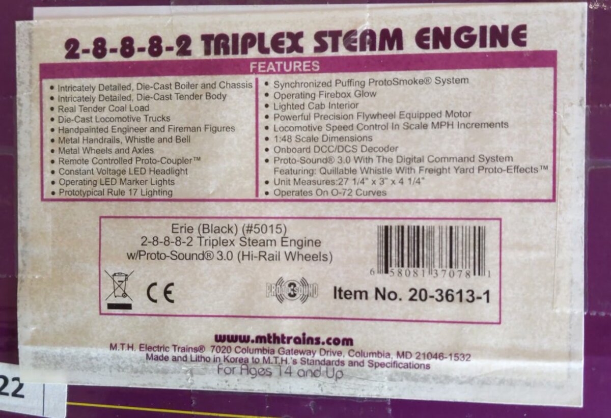 MTH 20-3613-1 O Erie 2-8-8-8-2 Triplex Steam Locomotive & Tender #5015 with PS.3 EX/Box
