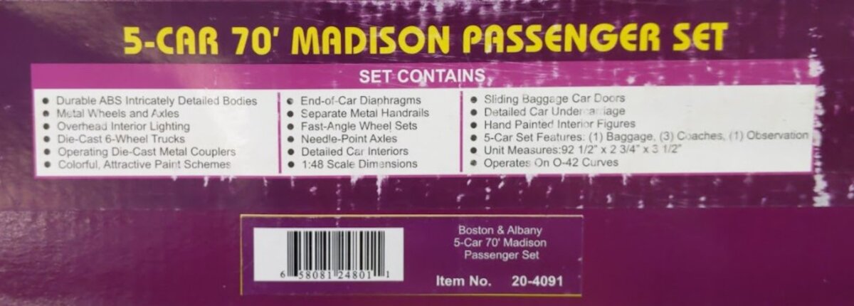 MTH 20-4091 O Boston & Albany Premier 70' Madison Passenger Car Set (Set of 5)
