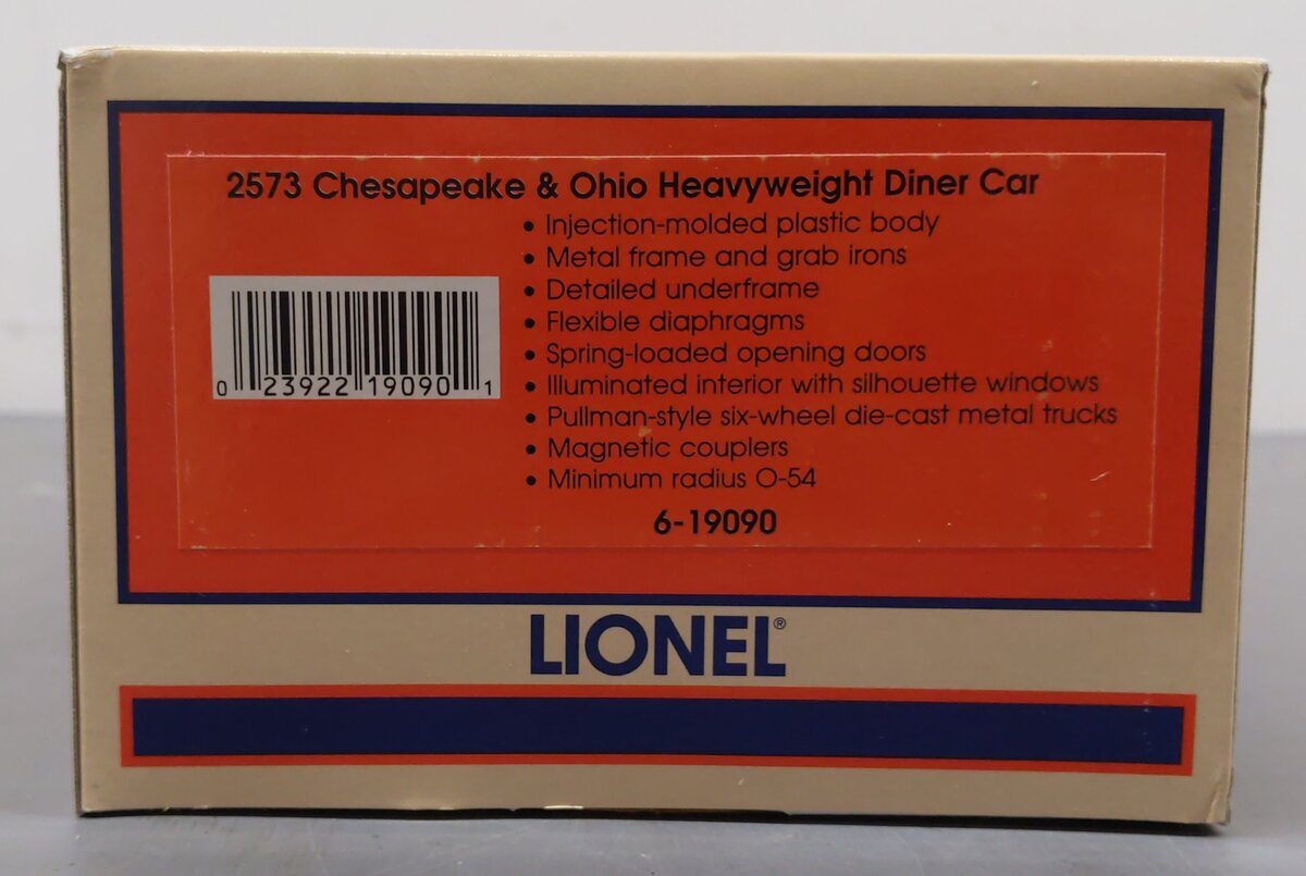 Lionel 6-19090 O Gauge Chesapeake and Ohio Heavyweight Diner Car #2573 EX/Box