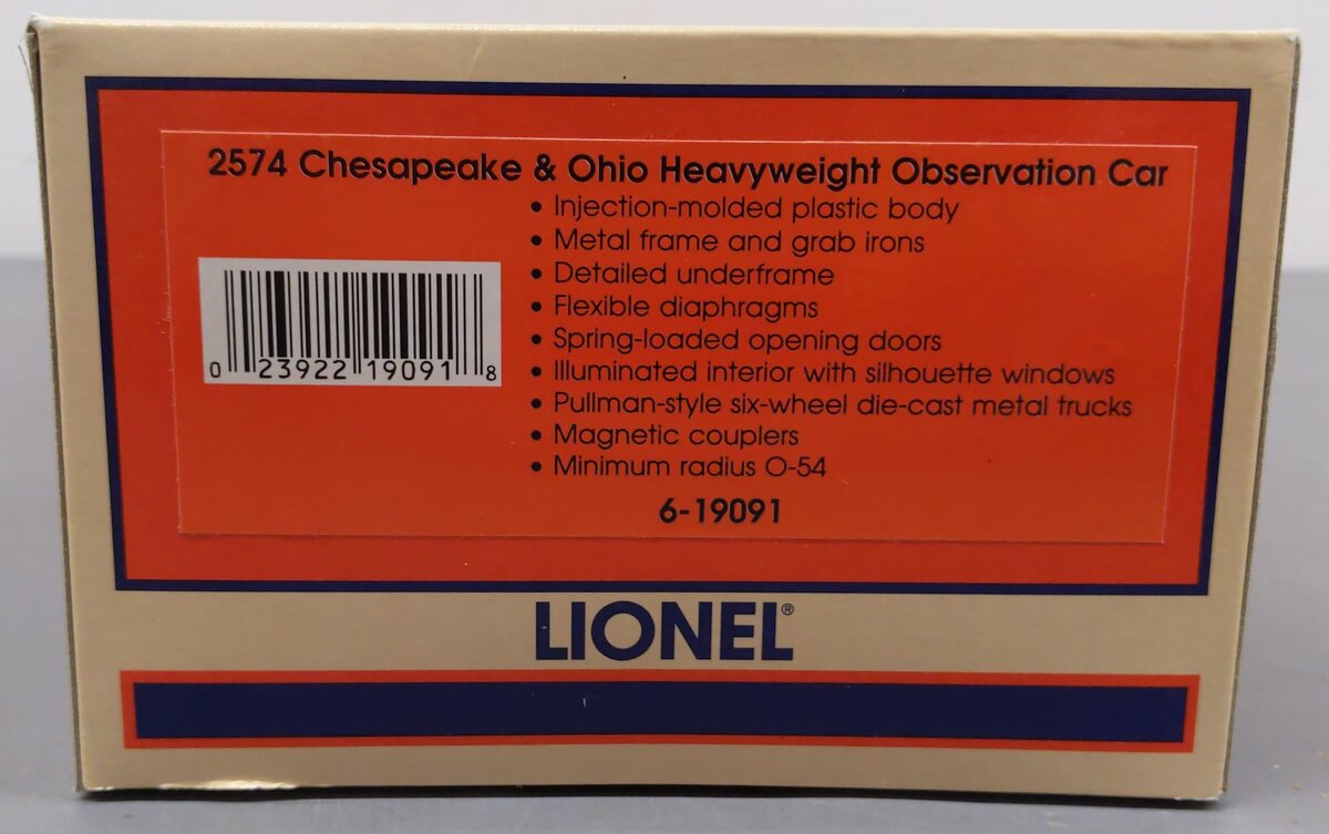 Lionel 6-19091 O Gauge Chesapeake and Ohio Heavyweight Observation Car #2574 EX/Box