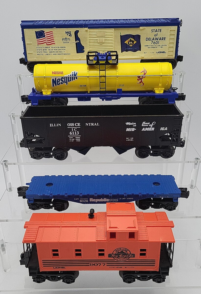 Lionel O Gauge Freight Car Assortment: 26138, 7601, 9077, 9026, 6113 [5] EX