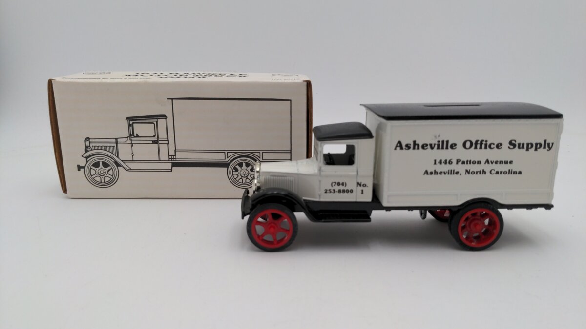 Ertl 9118 1:34 Scale Diecast Asheville Office Supply '31 Hawkeye Box Truck Bank EX/Box