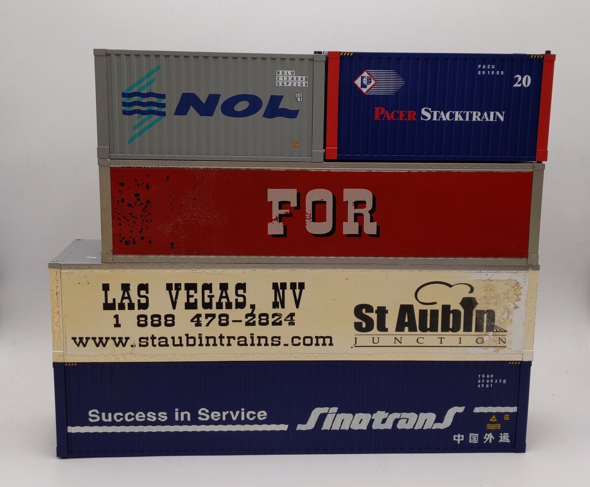 Walthers HO Containers [5] with Flat Panel and [2] Flatbed Semi-Tailer LN