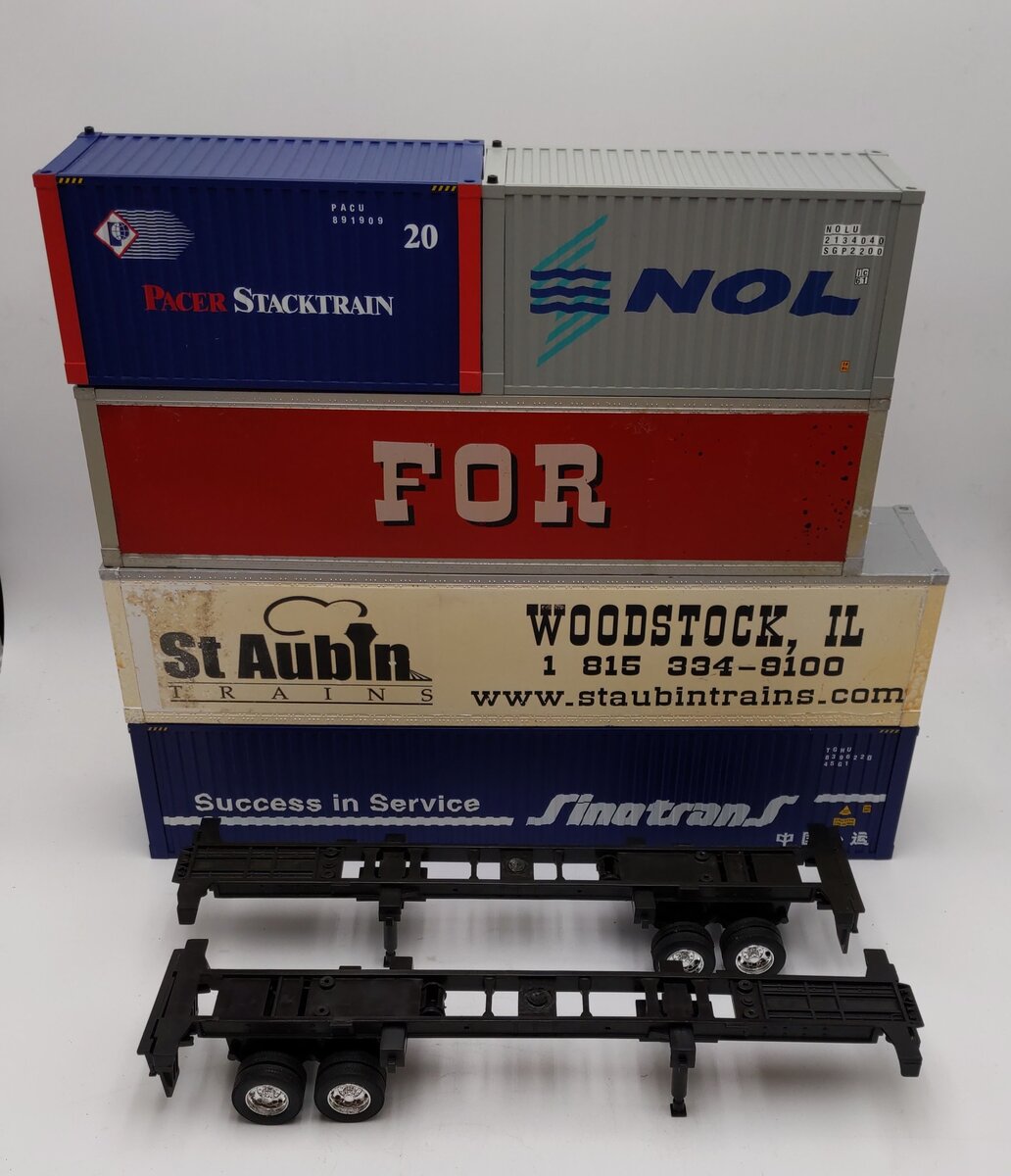 Walthers HO Containers [5] with Flat Panel and [2] Flatbed Semi-Tailer LN