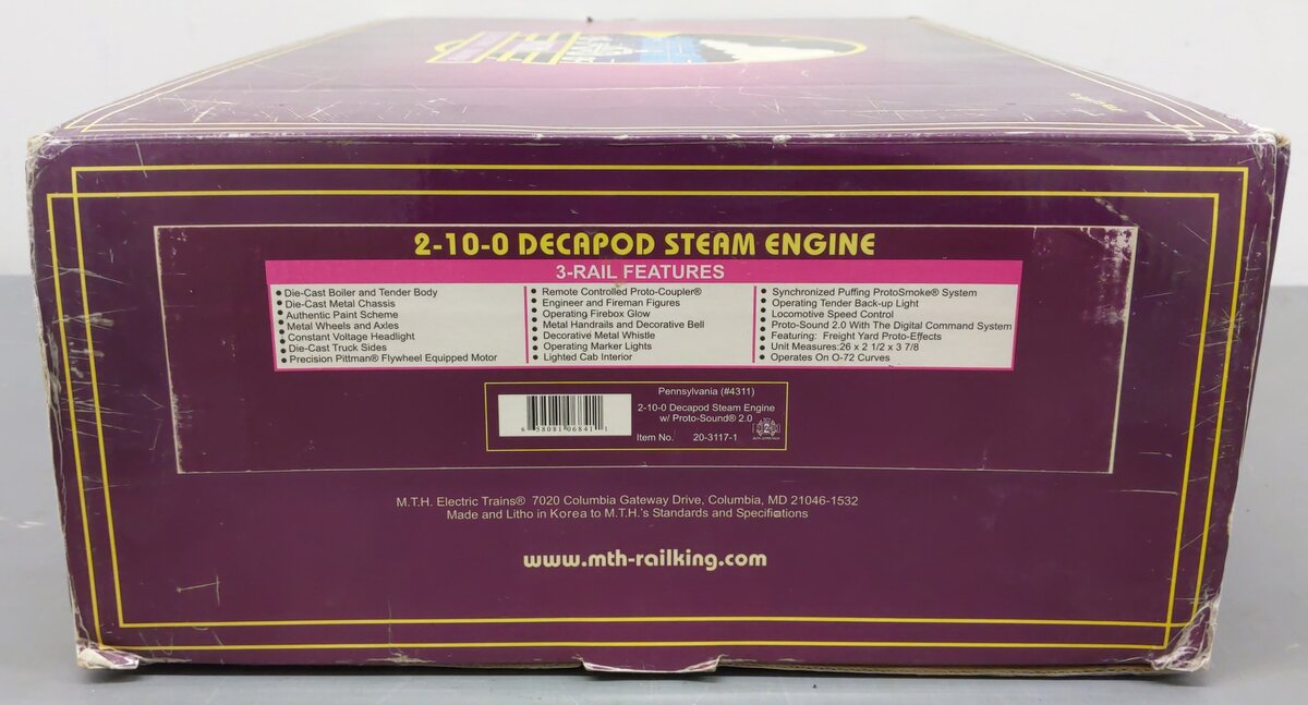 MTH 20-3117-1 O Scale PRR 2-10-0 Decapod Steam Locomotive & Tender #4311 w/ PS2 VG/Box