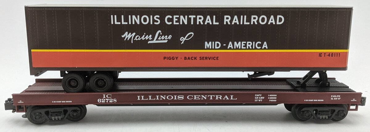 MTH 20-98403 O Gauge Illinois Central TT Flatcar with Trailer #62728 EX