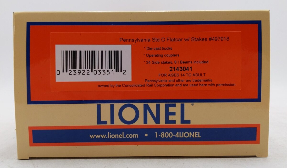 Lionel 2143041 O Pennsylvania Standard Flat Car with Stakes #497918