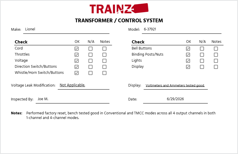 Lionel 6-37921 ZW-L 620 Watt 4-Train Transformer LN