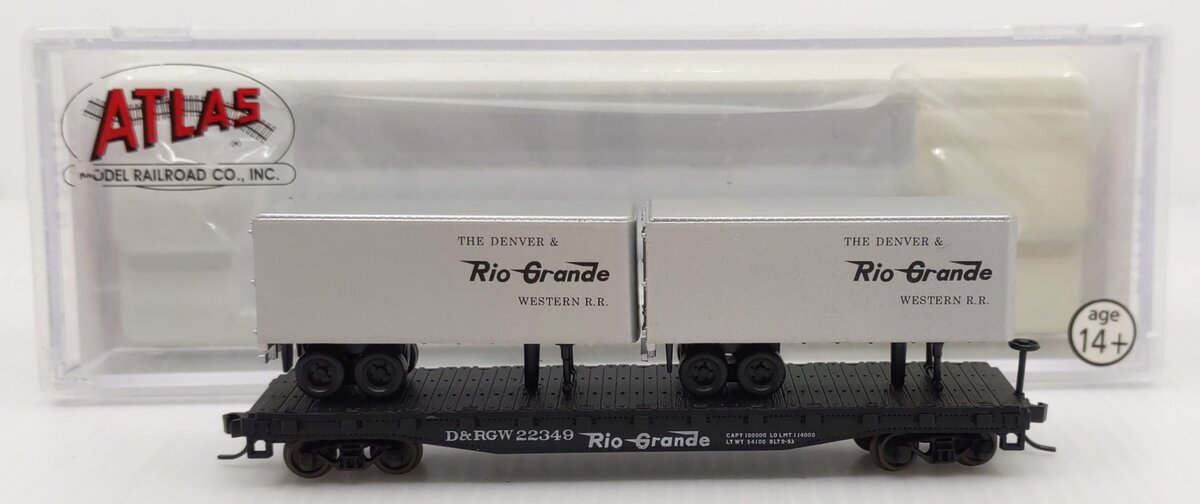 Atlas 37604A N Scale D&RGW 50' Flatcar w/2 Trailers #22349