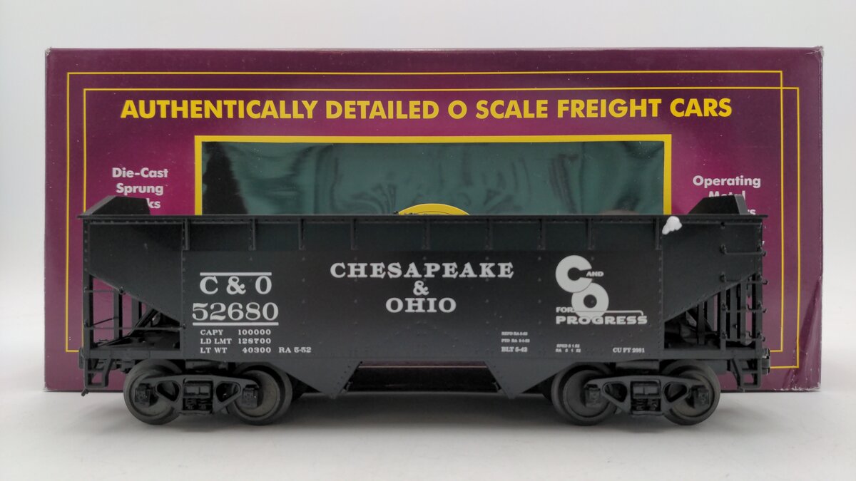 MTH 20-90553D O Gauge Chesapeake & Ohio 2 Bay Offset Hopper Car w/ Load #52680 EX/Box