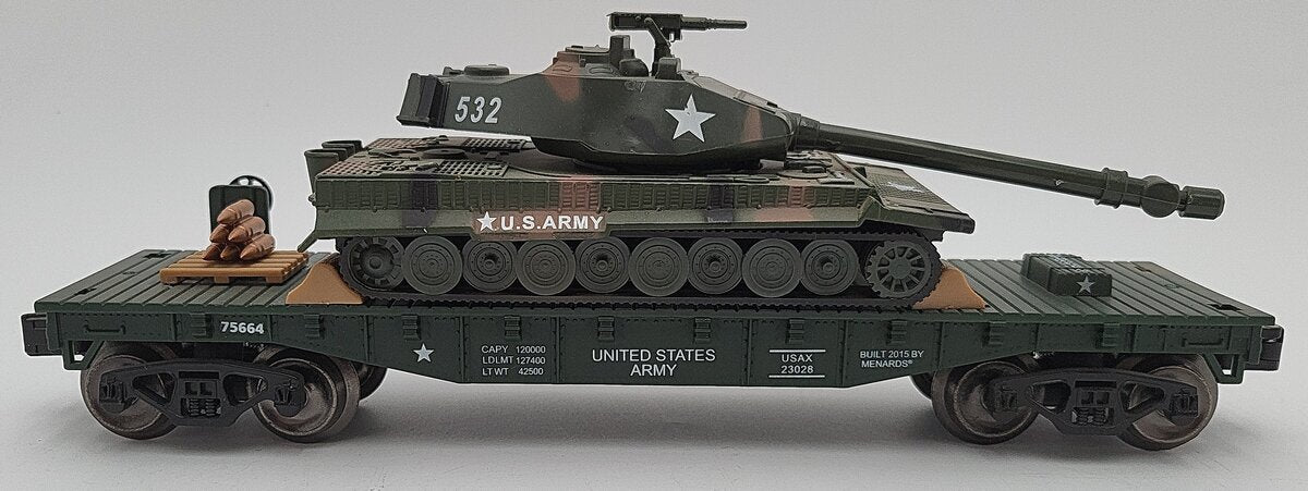 Menards 279-3572 O Gauge  U.S. Army Flat Car w/ Operating Sounds Tank EX/Box