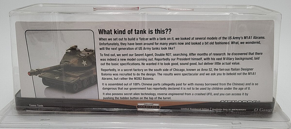 Menards 279-3572 O Gauge  U.S. Army Flat Car w/ Operating Sounds Tank EX/Box