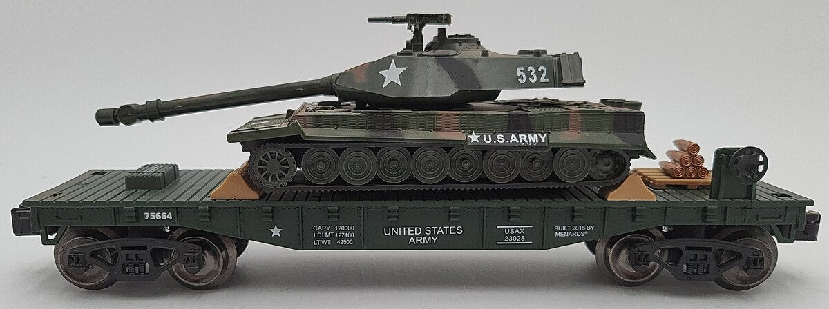 Menards 279-3572 O Gauge  U.S. Army Flat Car w/ Operating Sounds Tank EX/Box