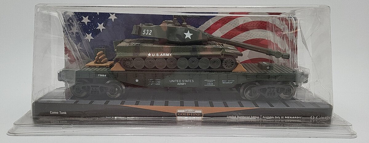 Menards 279-3572 O Gauge  U.S. Army Flat Car w/ Operating Sounds Tank EX/Box