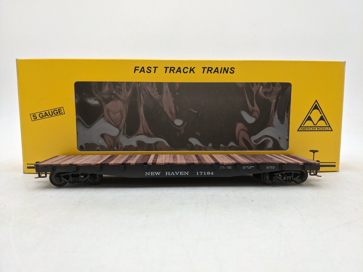 American Models 6012 S New Haven 46' Flatcar- Scale Wheels & Couplers #17184 EX/Box