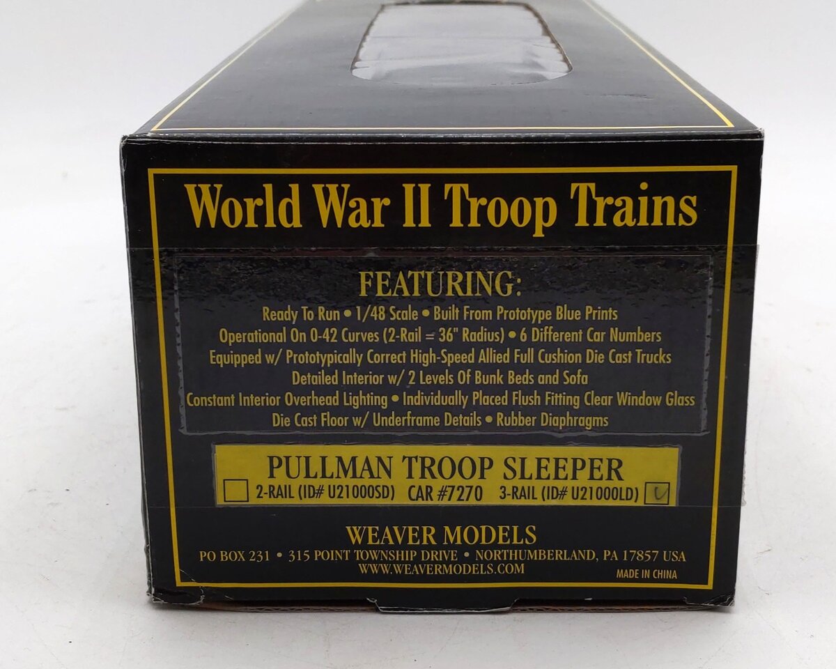 Weaver U21000LD O Gauge WW2 Pullman Troop Sleeper #7270 - 3 Rail/Box