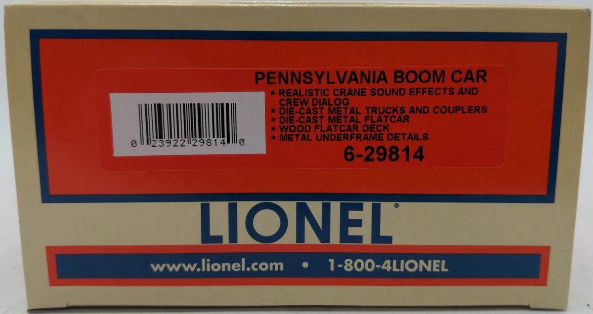 Lionel 6-29814 O Gauge Pennsylvania Railroad Boom Car #491063 with Crane Sounds EX/Box
