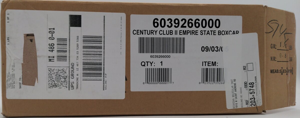 Lionel 6-39266 O Gauge Century Club II NYC Empire State Hudson Boxcar LN/Box