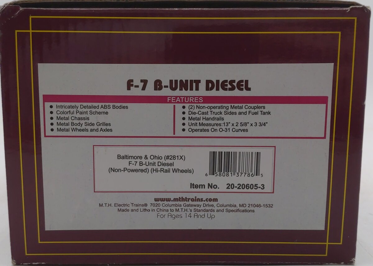 MTH 20-20605-3 O Baltimore & Ohio F-7 Non-Powered B-Unit Diesel #281X LN/Box