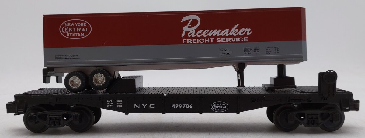 MTH 30-7608 O Gauge New York Central Pacemaker Flatcar with Trailer #499706 EX/Box