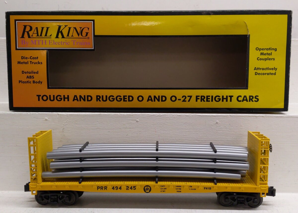MTH 30-76504 O Pennsylvania Bulkhead Flat w/Pipe Load #494245