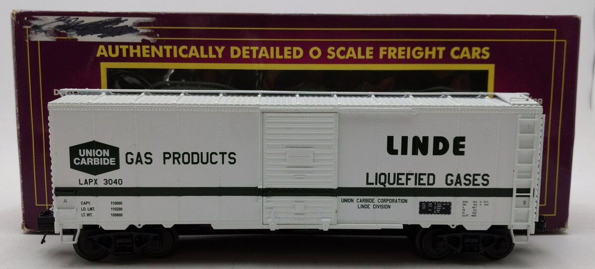 MTH 20-93410 O Gauge Linde Industrial Gases 40’ AAR Box Tank Car #3040 EX/Box