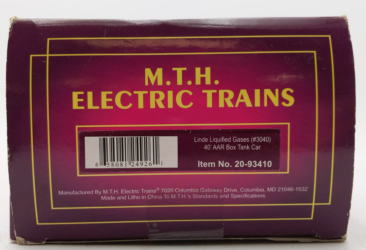 MTH 20-93410 O Gauge Linde Industrial Gases 40’ AAR Box Tank Car #3040 EX/Box
