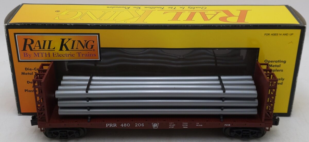 MTH 30-76318 Pennsylvania Bulkhead Flat Car with Pipe Load EX/Box