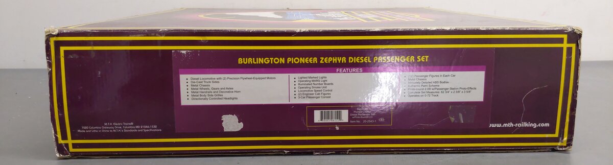 MTH 20-2543-1 Burlington Pioneer Zephyr O Gauge Diesel Passenger Set w/PS2 LN/Box