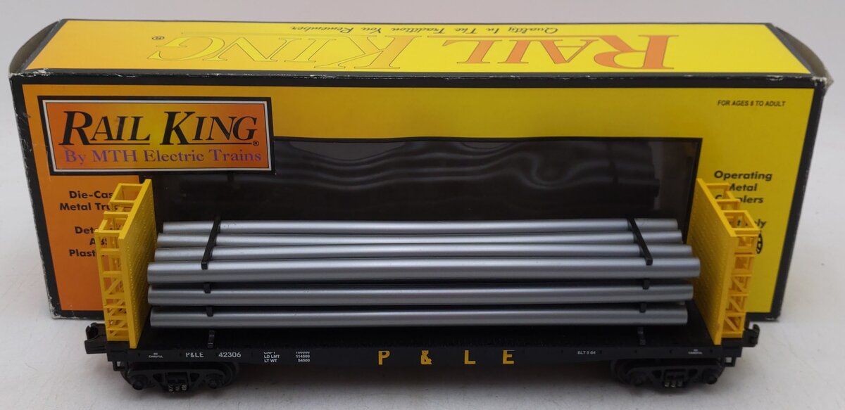 MTH 30-76233 Pittsburgh & Lake Erie Flat Car - w/Bulkheads & Pipe Load #42306 EX/Box
