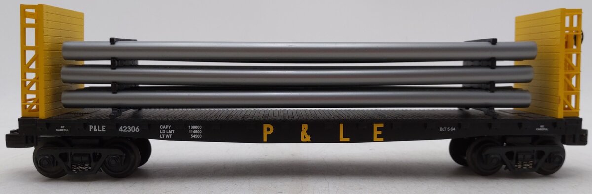 MTH 30-76233 Pittsburgh & Lake Erie Flat Car - w/Bulkheads & Pipe Load #42306 EX/Box