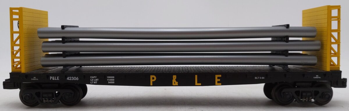 MTH 30-76233 Pittsburgh & Lake Erie Flat Car - w/Bulkheads & Pipe Load #42306 EX/Box