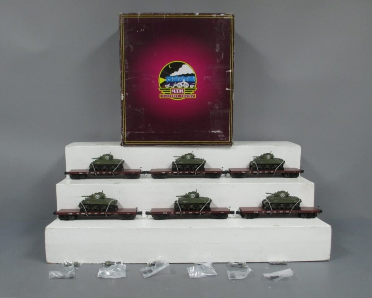 MTH 20-90549 Pennsylvania 50-ton 41' Wood Flatcars w/Sherman Tanks (Set of 6) LN/Box