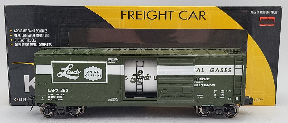 K-Line 6-22414 O Gauge Linde Union Carbide Boxcar #383 w/Interior Aluminum Tank LN/Box