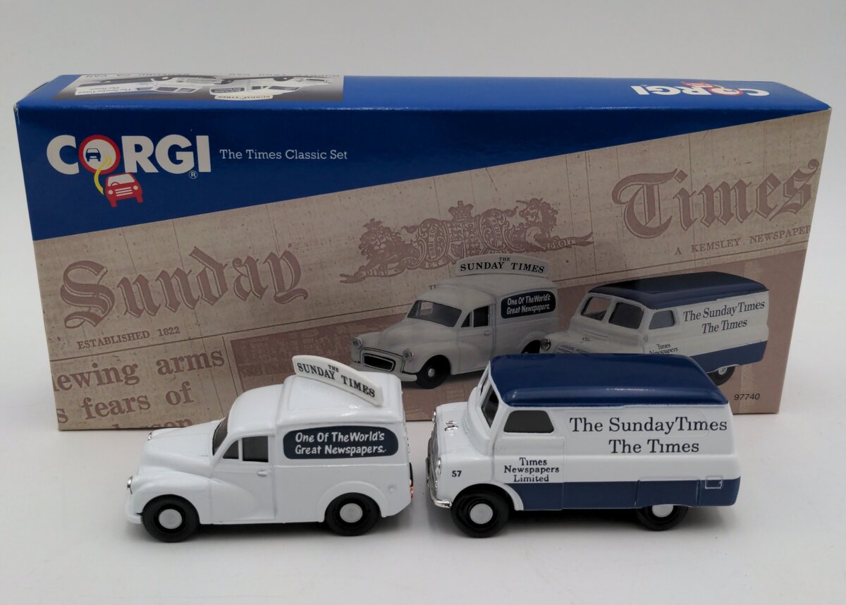 Corgi 97740 1:43 1960s Morris Minor Van & Bedford CA Sunday Times Set NIB