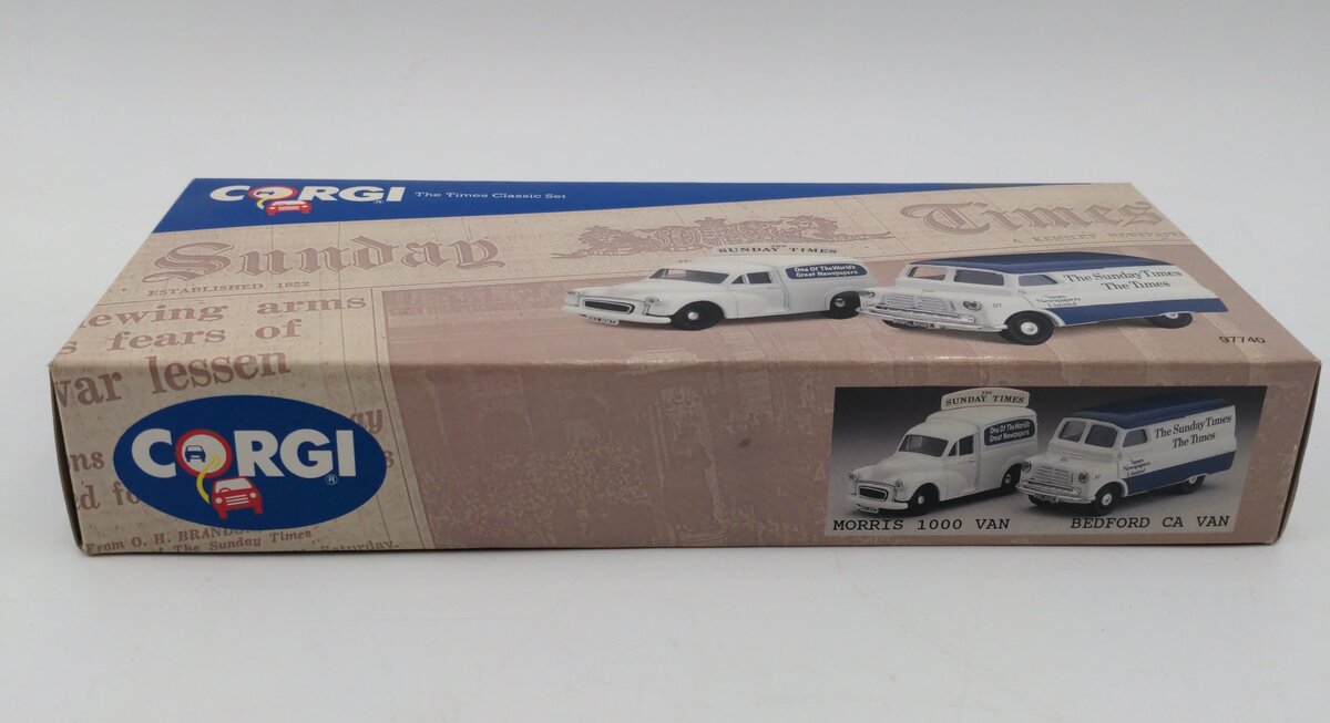 Corgi 97740 1:43 1960s Morris Minor Van & Bedford CA Sunday Times Set NIB