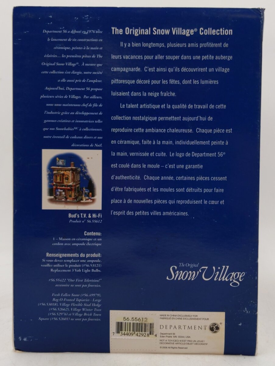 Dept 56 56.55612 Snow Village "Bud's T.V. & Hi-Fi" LN/Box
