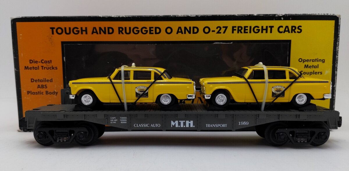 MTH 30-7625 O Gauge MTH Auto Transport Flatcar w/ Ertl Checker Cabs #1959 LN/Box