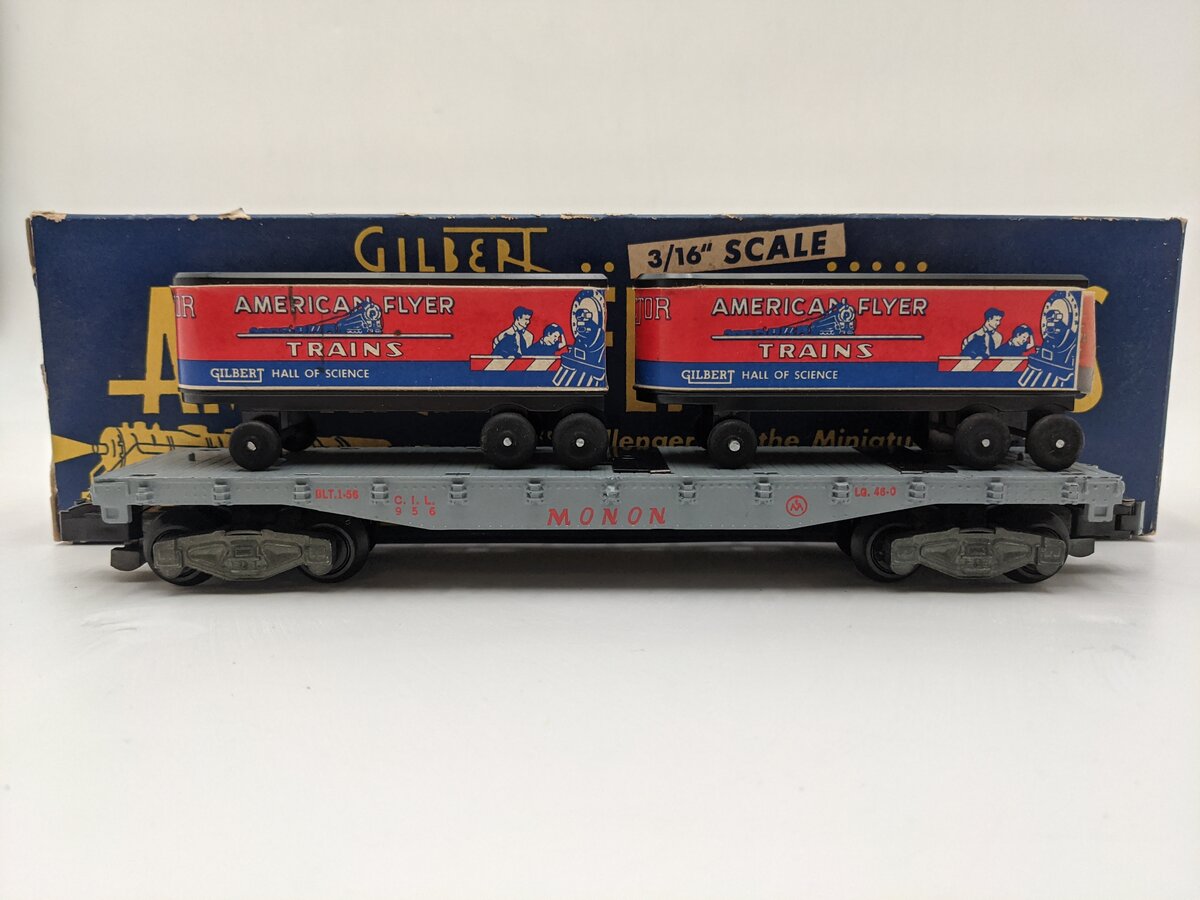 American Flyer 956 Vintage S Gauge Monon Flatcar with Two Piggyback Vans EX/Box