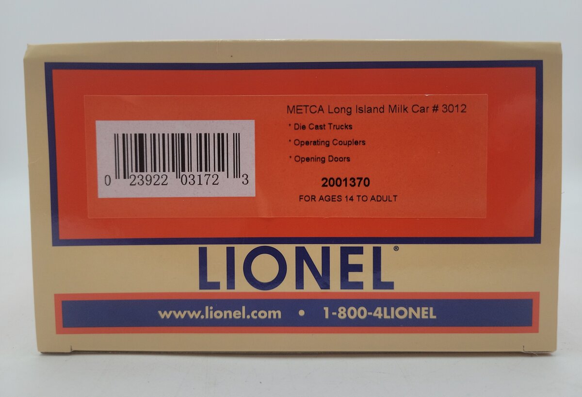 Lionel O 2001370 METCA Long Island Milk Car # 3012 LN/Box
