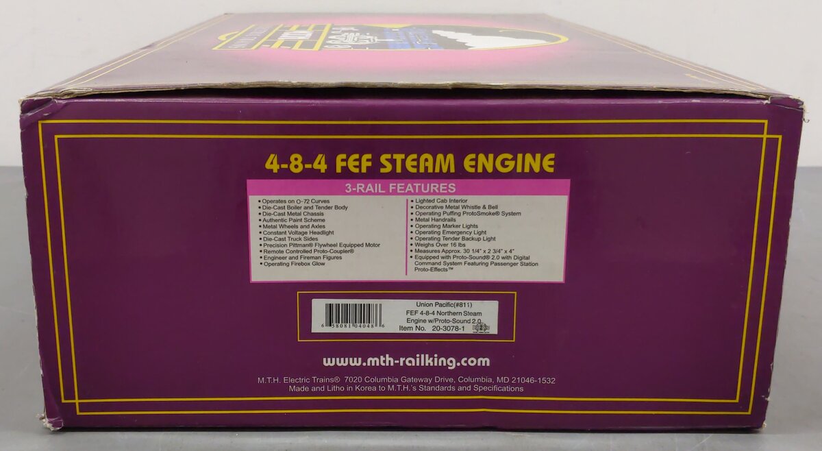 MTH 20-3078-1 O Union Pacific FEF 4-8-4 Locomotive & Tender w/PS2 #811 EX/Box