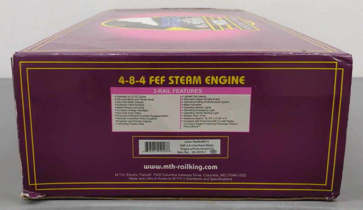 MTH 20-3078-1 O Union Pacific FEF 4-8-4 Locomotive & Tender w/PS2 #811 EX/Box