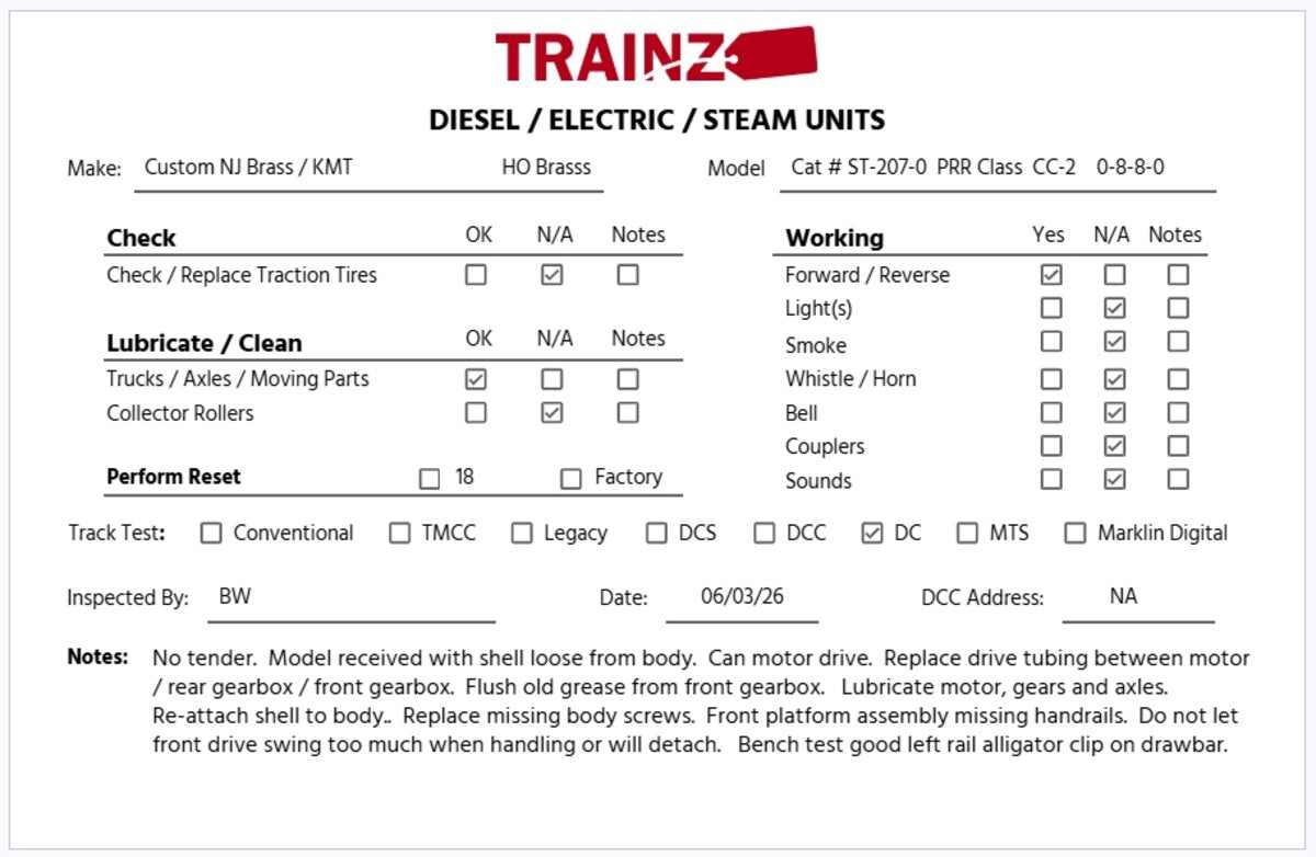 NJ Custom Brass ST-207-0 HO BRASS PRR Class CC-2 0-8-8-0 Steam Engine EX/Box
