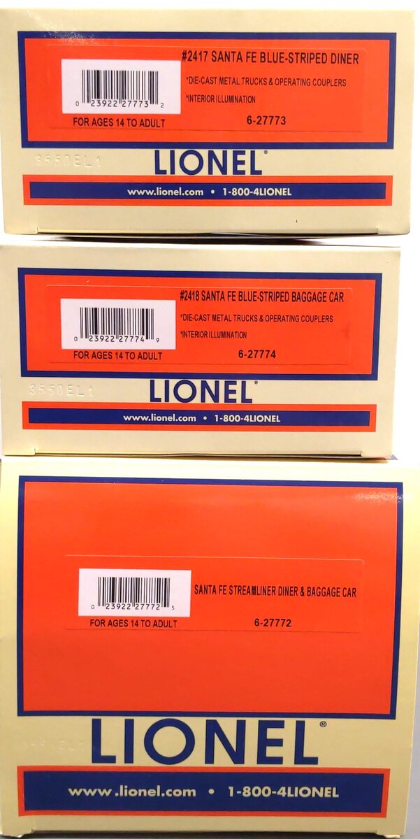 Lionel 6-27772 O Santa Fe Streamlined Blue Stripe Passenger Cars (Set of 2) EX/Box